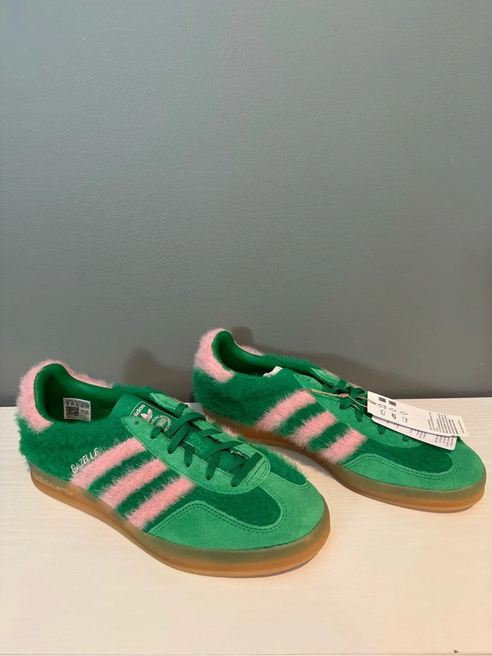 adidas Green with Pink Stripe Fuzzy Gazelle Sneakers